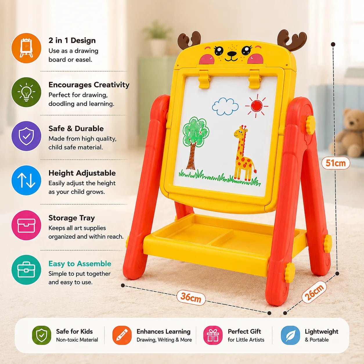 Kid's 2-in-1 Drawing Board & Easel with Markers & Chalk Set | Educational Art Board for Kids