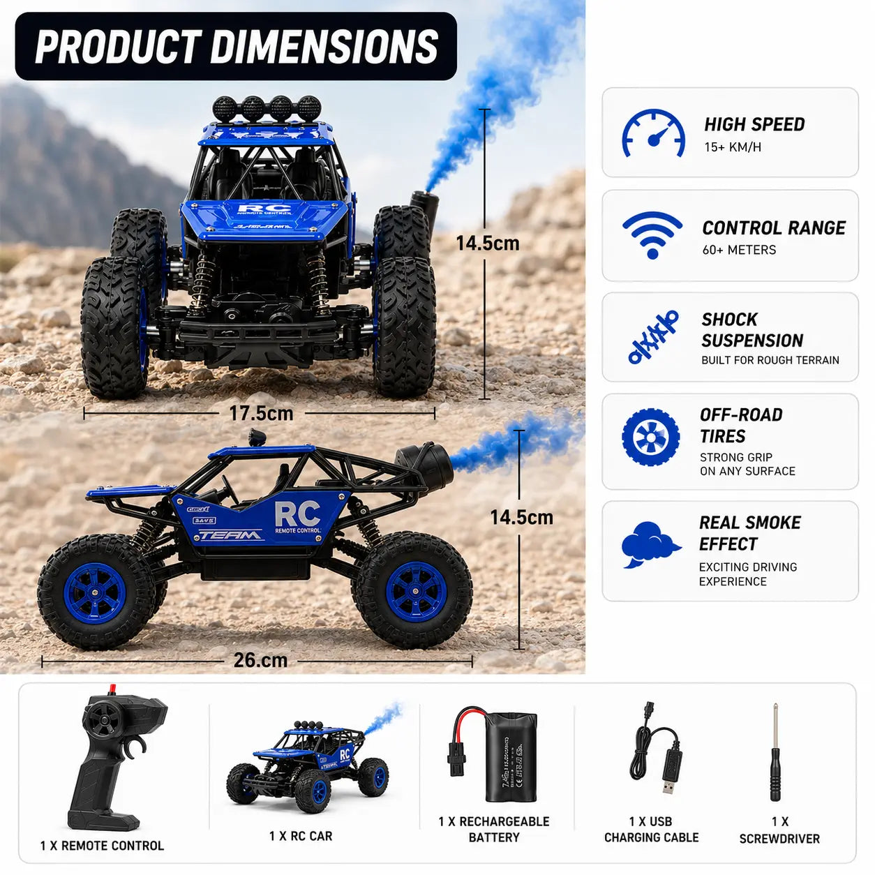 RC Rock Crawler Off-Road Metal Car with Smoke Effect - 2.4GHz