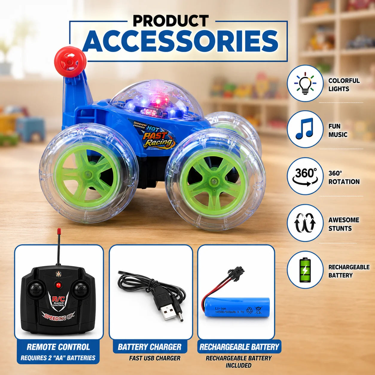 360° RC Stunt Car With LED Lights & Music For Kids