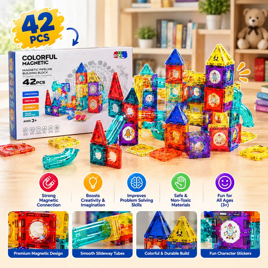 Magnetic Pipeline Building Block Set 42 Pcs β Magnetic Tiles Construction STEM Toy for Kids