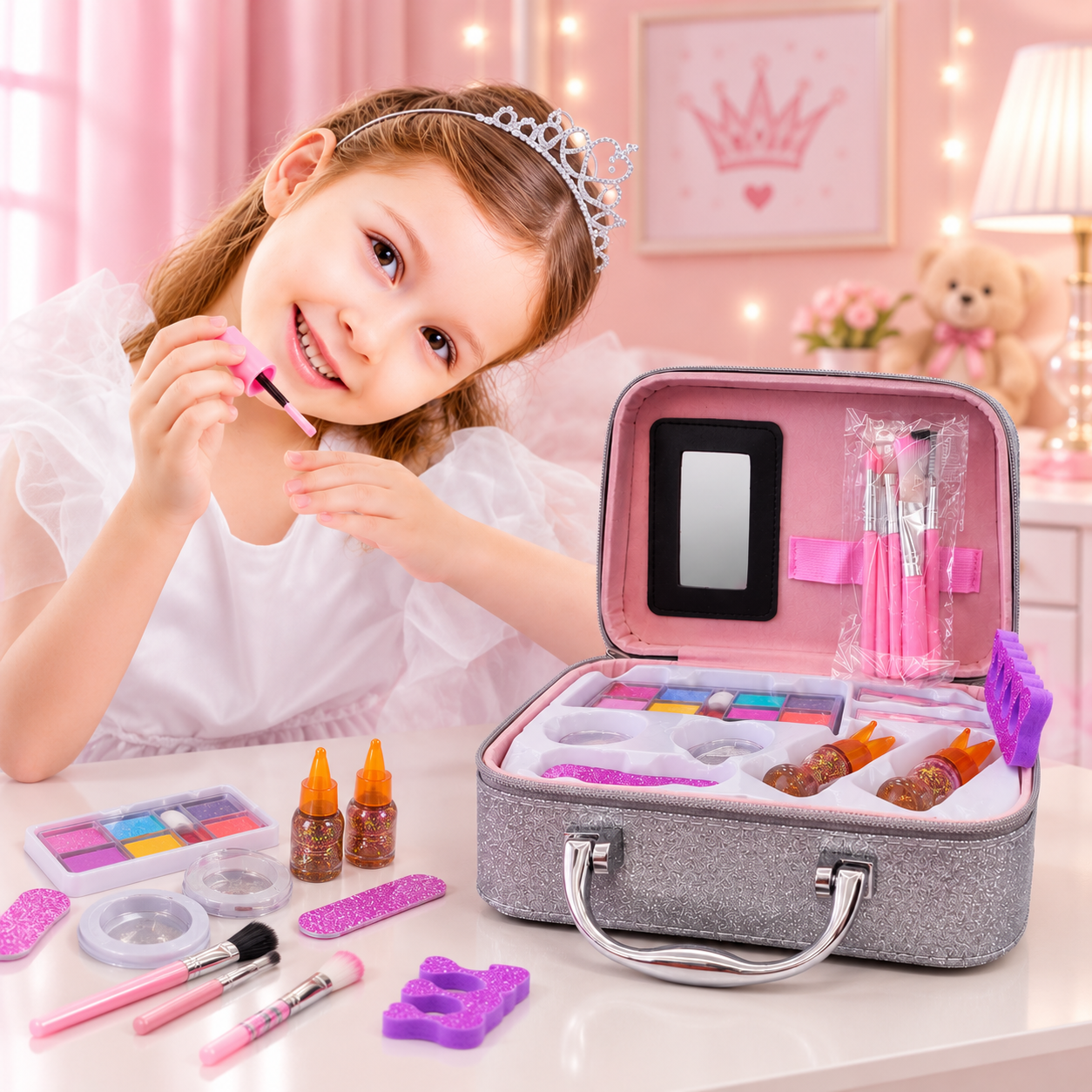 Girls Beauty Makeup Kit Playset with Mirror & Carry Case