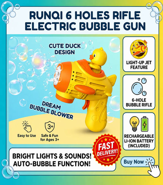 Duck Bubble Gun Toy for Kids – Electric 6-Hole Bubble Blaster with LED Lights