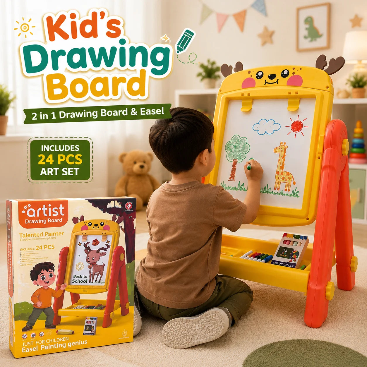Kid's 2-in-1 Drawing Board & Easel with Markers & Chalk Set | Educational Art Board for Kids