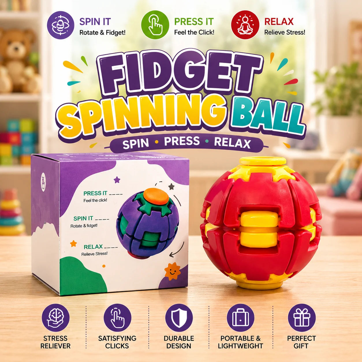 Fidget Spinning Ball – Press-to-Spin Stress Relief Puzzle Toy