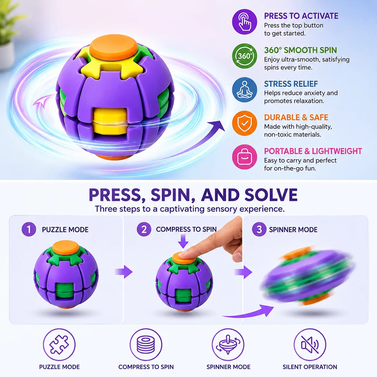 Fidget Spinning Ball – Press-to-Spin Stress Relief Puzzle Toy