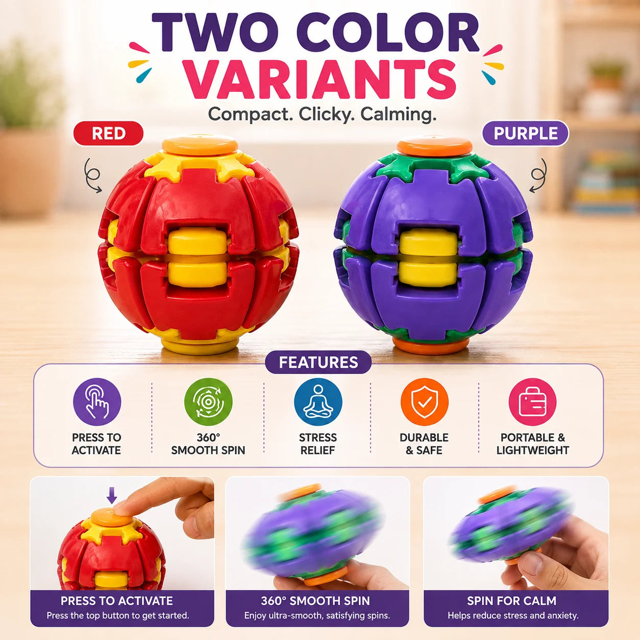 Fidget Spinning Ball – Press-to-Spin Stress Relief Puzzle Toy