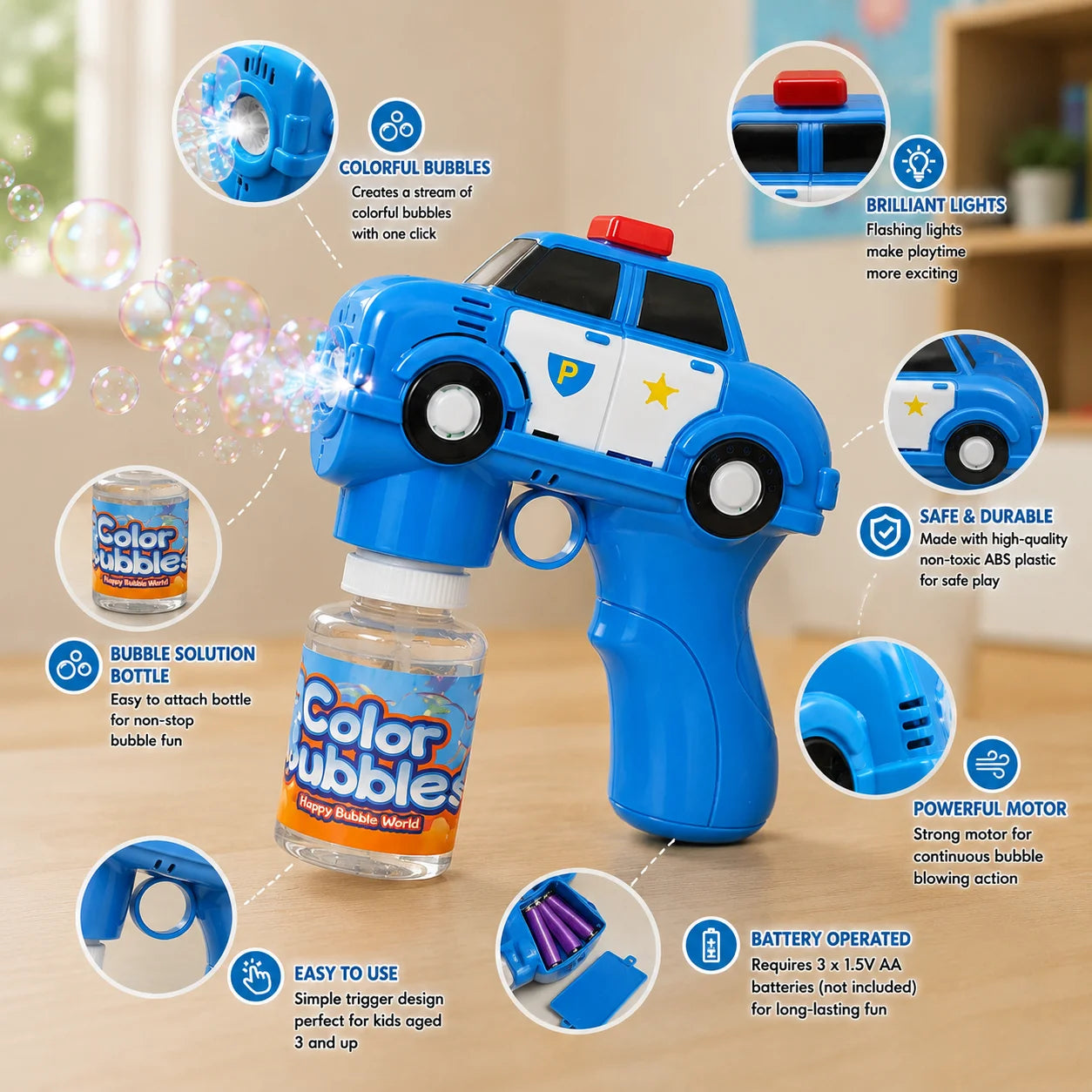 Cartoon Bubble Gun – Police Car Bubble Blaster with Lights & Bubble Solution