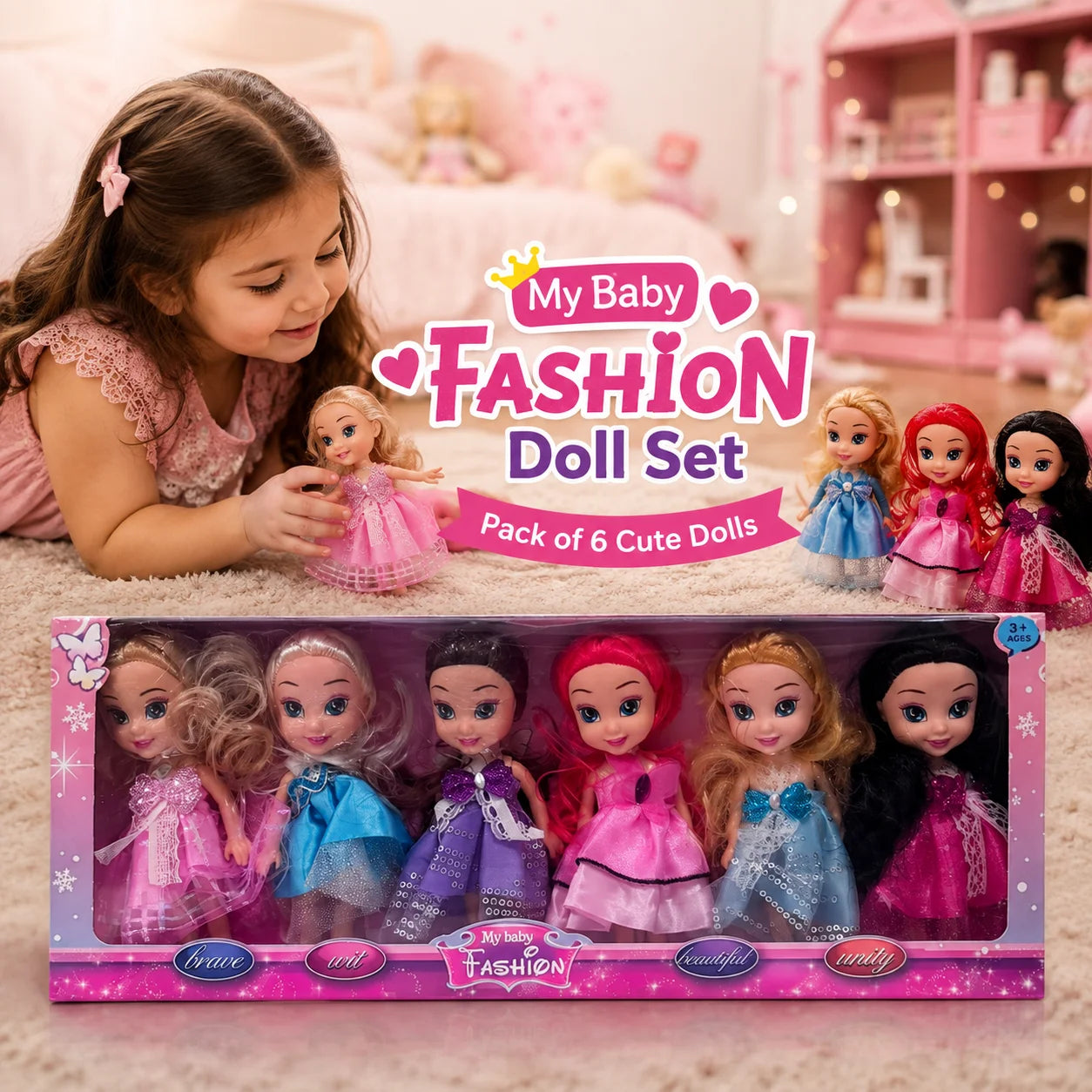 6-Piece Princess Fashion Doll Set for Girls | Cute Mini Dolls Gift Toy