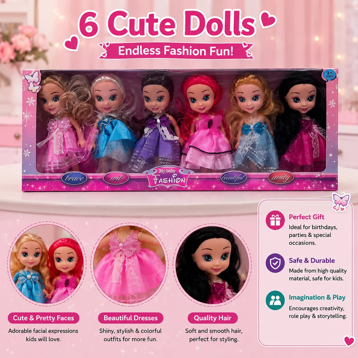 6-Piece Princess Fashion Doll Set for Girls | Cute Mini Dolls Gift Toy