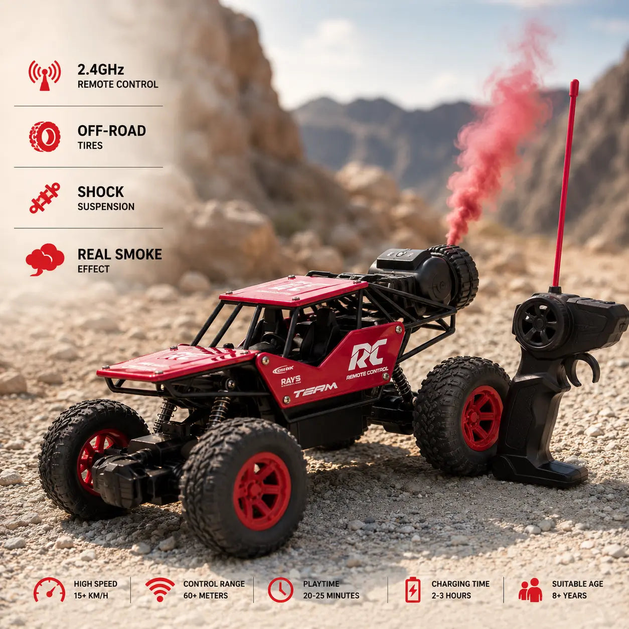 RC Rock Crawler Off-Road Metal Car with Smoke Effect - 2.4GHz