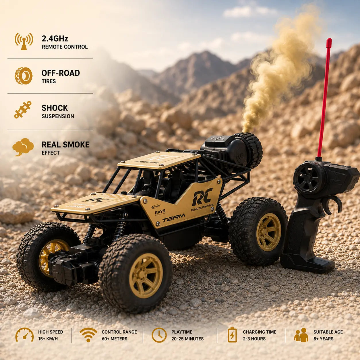 RC Rock Crawler Off-Road Metal Car with Smoke Effect - 2.4GHz