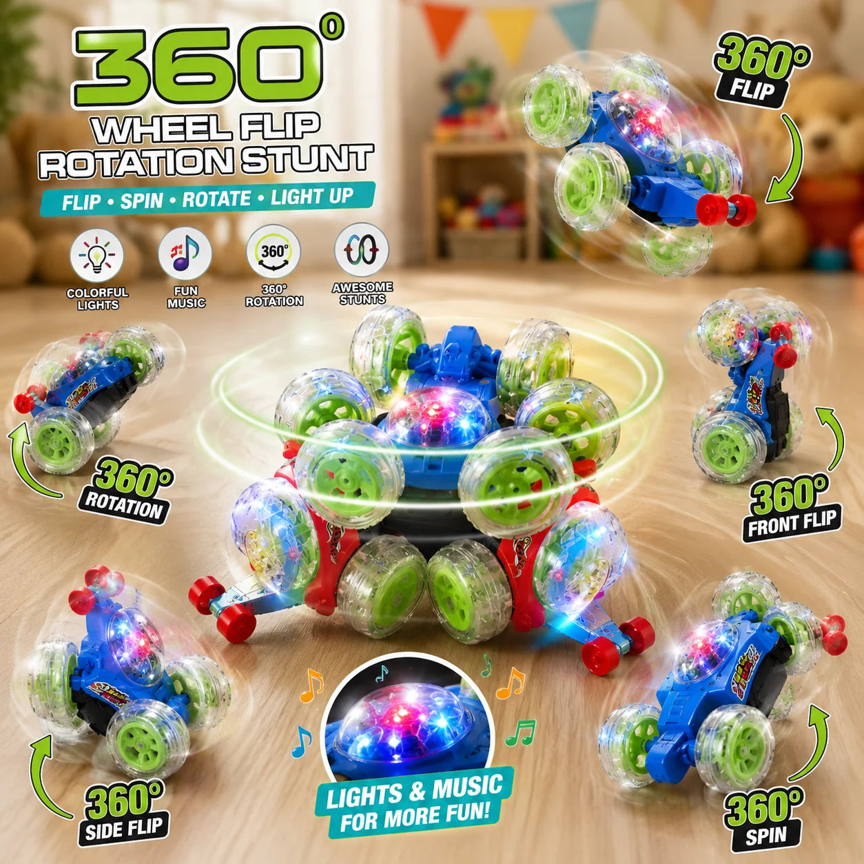 360° RC Stunt Car With LED Lights & Music For Kids