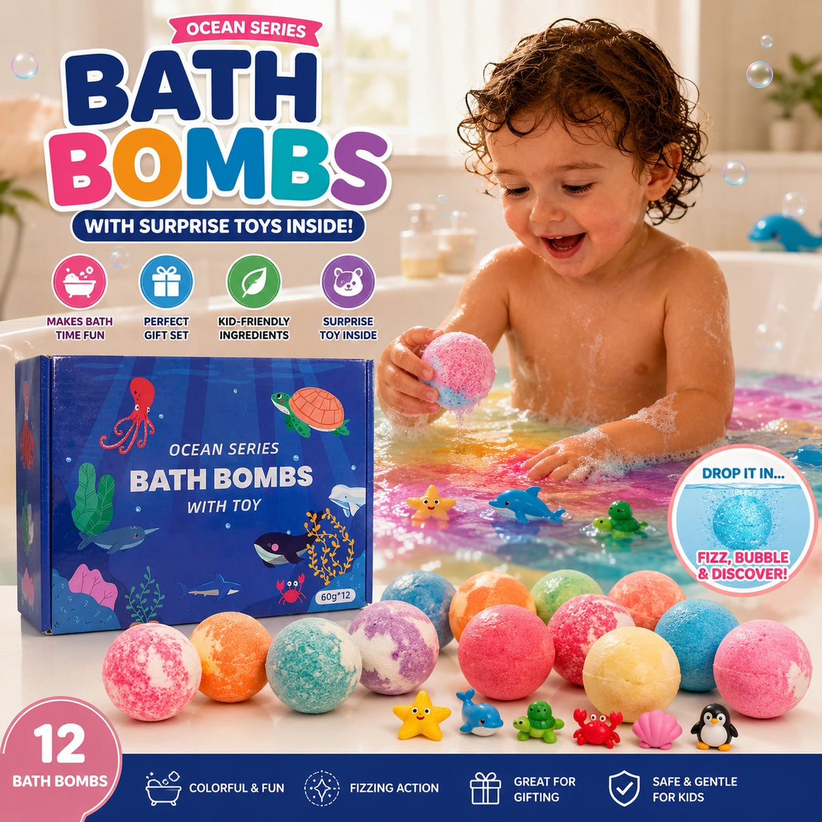 Bath Bomb Gift Set with Surprise Toys For Kids- (12 Pack In One Box)