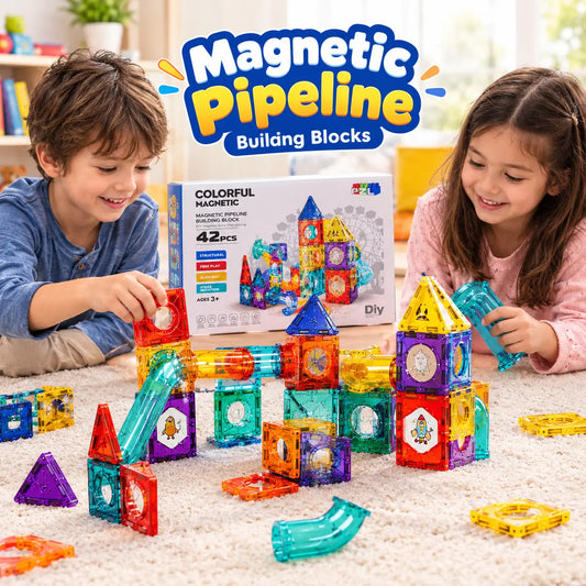 Magnetic Pipeline Building Block Set 42 Pcs – Magnetic Tiles Construction STEM Toy for Kids