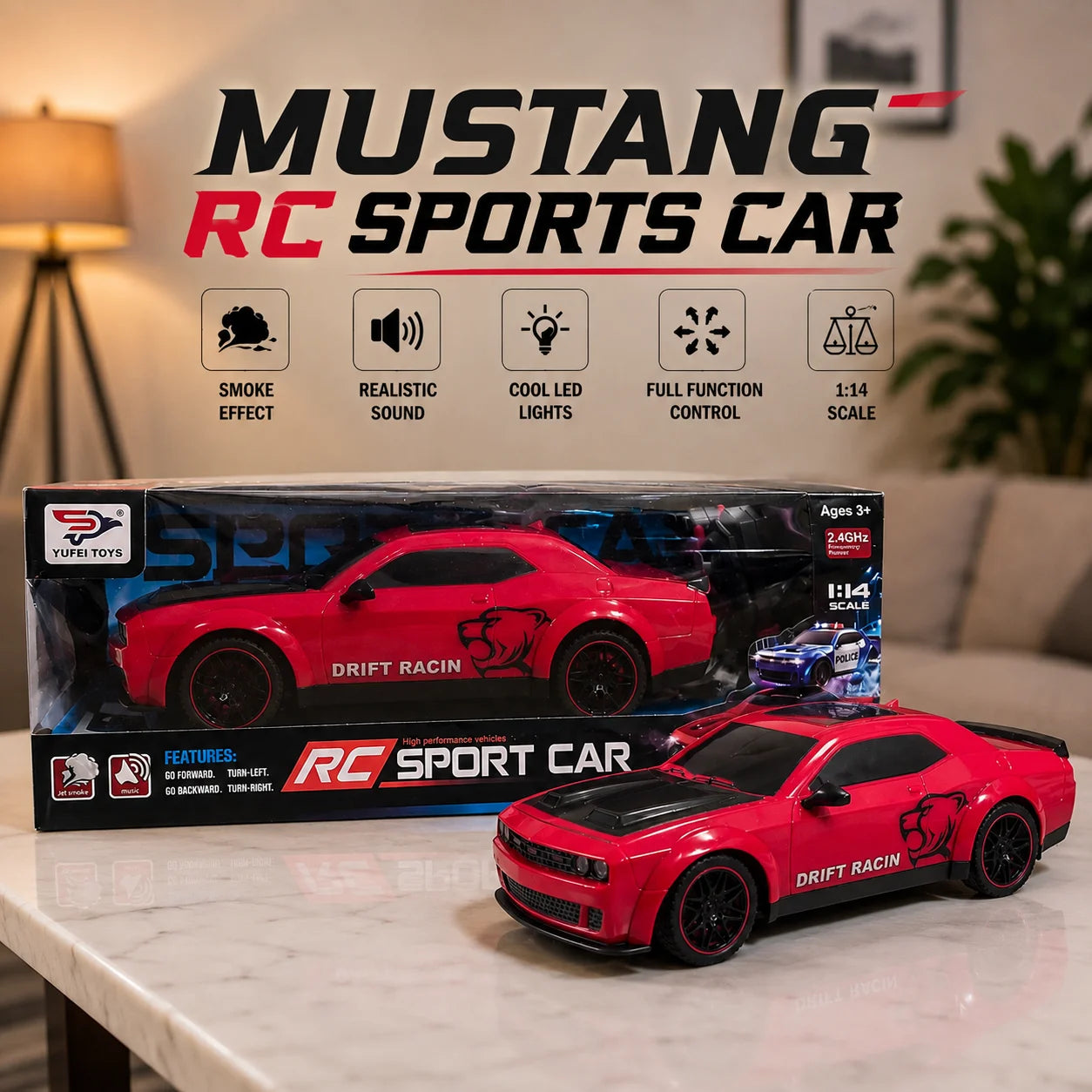 Mustang RC Sports Car – Drift Racing Car with LED Lights & Smoke Effect