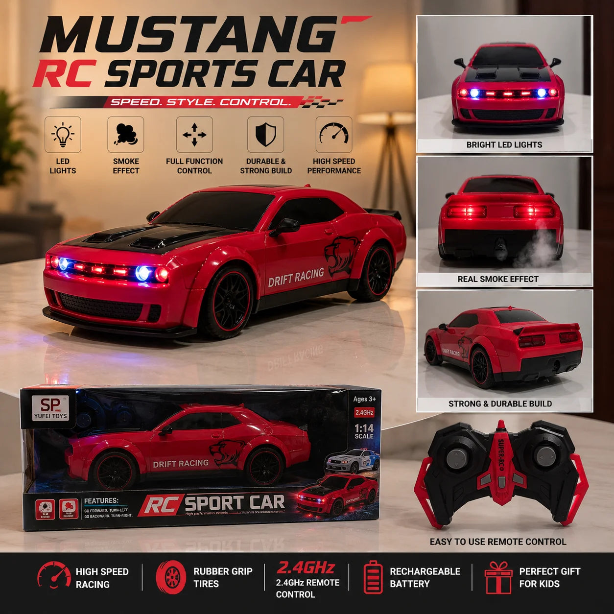 Mustang RC Sports Car – Drift Racing Car with LED Lights & Smoke Effect