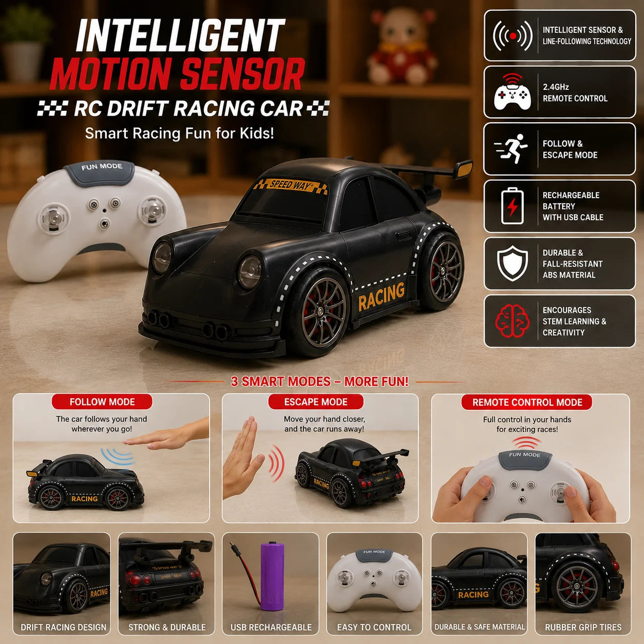 Intelligent Motion Sensor RC Drift Racing Car – Follow & Escape Mode