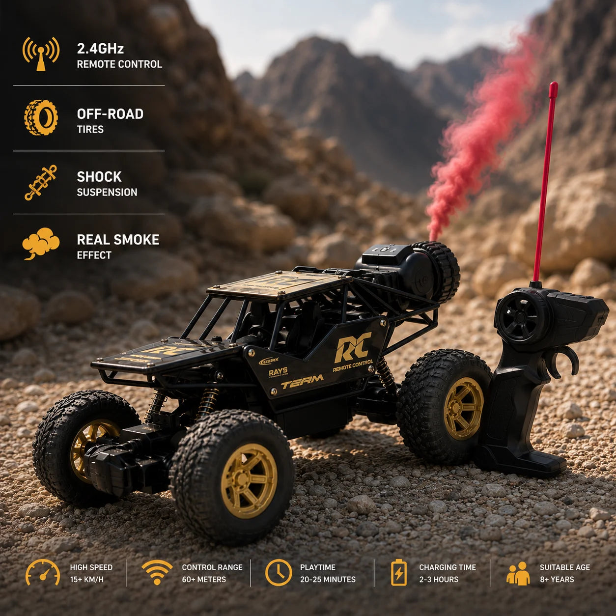 RC Rock Crawler Off-Road Metal Car with Smoke Effect - 2.4GHz