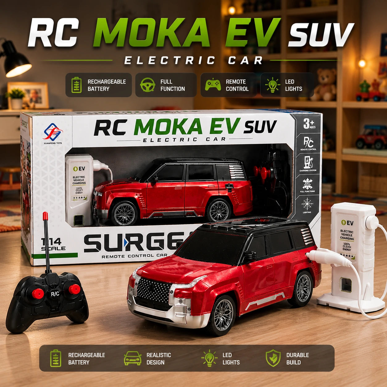 RC Electric SUV Rechargeable Remote Control Car with Charging Station & LED Lights for Kids