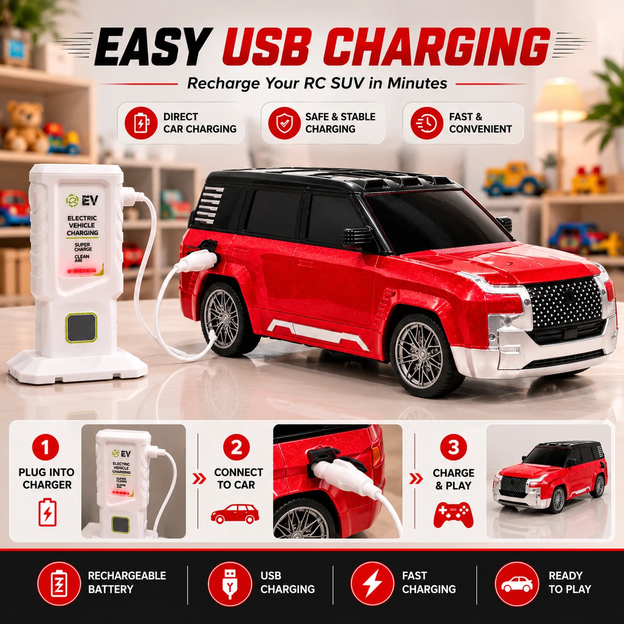 RC Electric SUV Rechargeable Remote Control Car with Charging Station & LED Lights for Kids