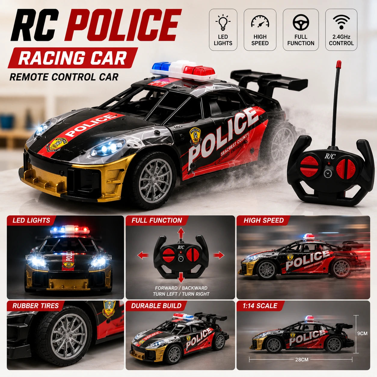 Police Porsche 911 RC Sports Drift Car – 4WD High-Speed Remote Control Drift Car for Kids