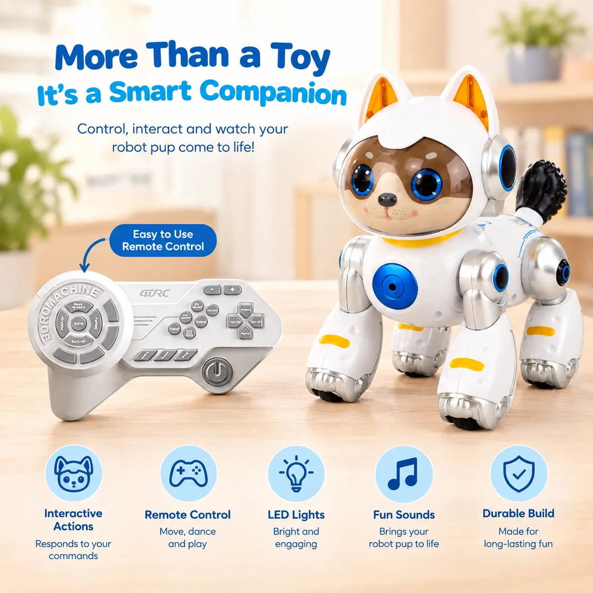 Intelligent Pup Interactive Robot Toy – Remote Control Robotic Puppy with Lights, Sounds, Dancing & Mist Effect