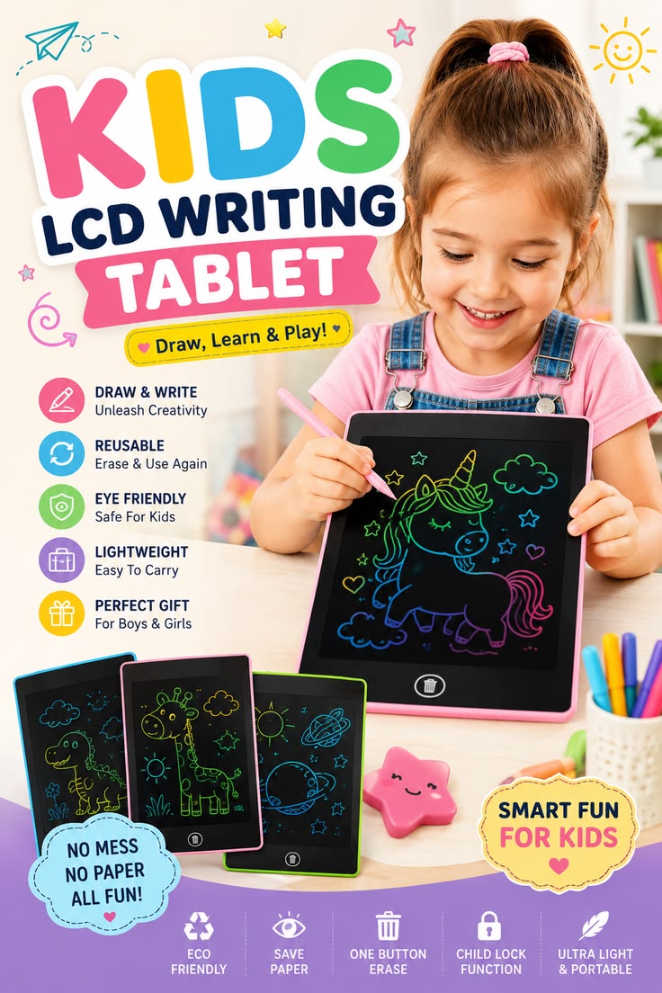 LCD Writing Tablet for Kids – Multicolor Screen, Erasable Drawing Board