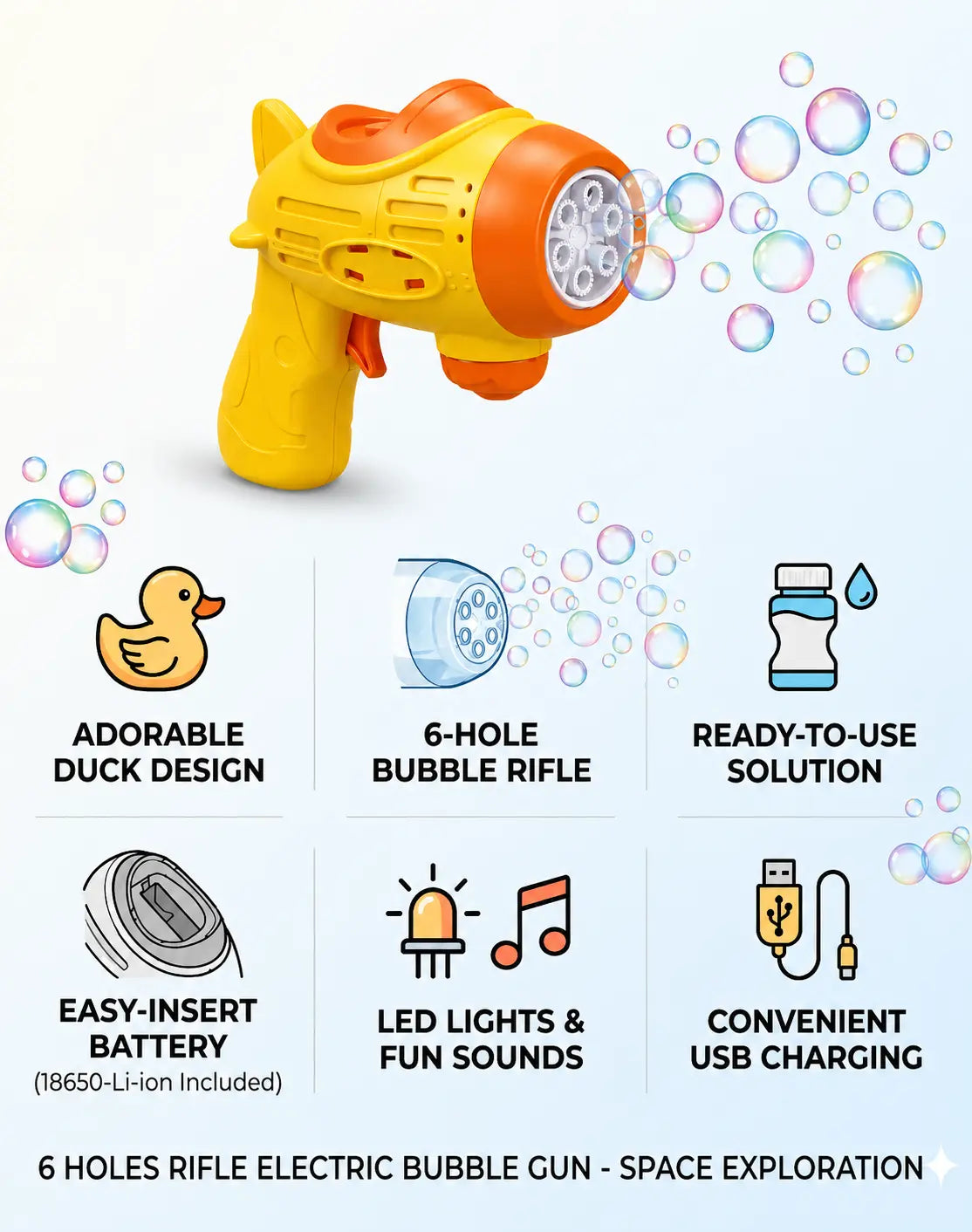 Duck Bubble Gun Toy for Kids – Electric 6-Hole Bubble Blaster with LED Lights